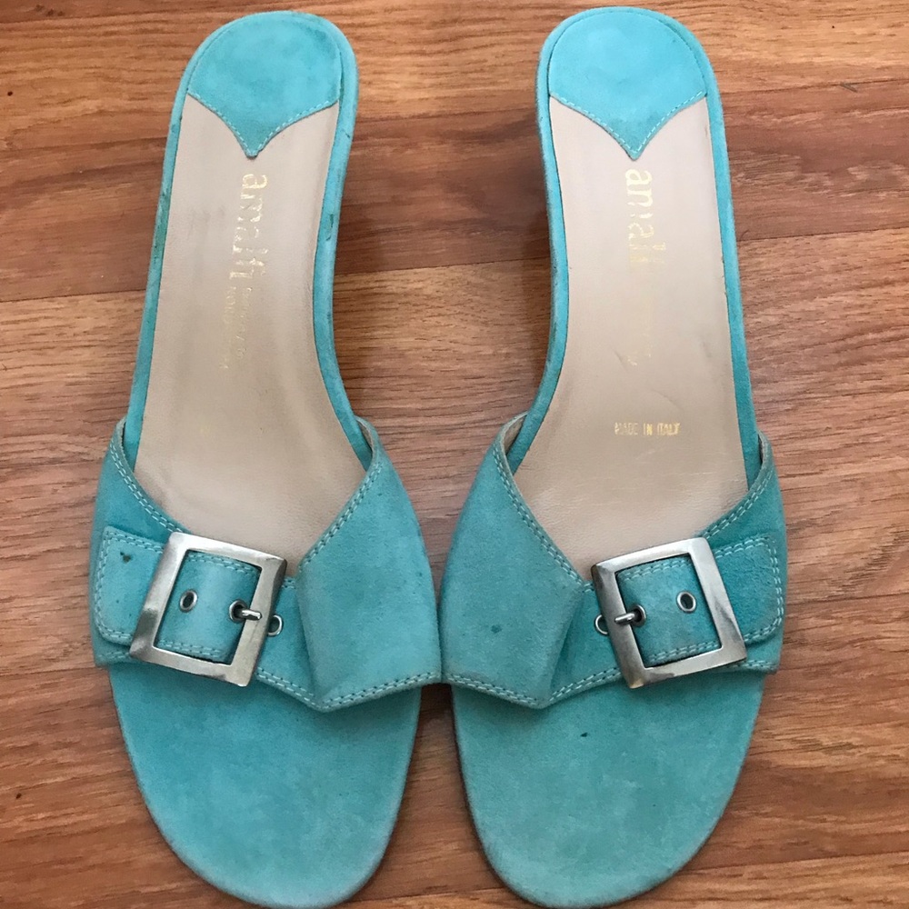 Blue-green Italian suede kitten heels